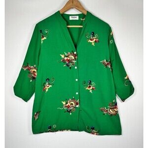 Kindred‎ Anthropologie Blouse Womens Medium Kelly Green Embroidered Floral Boho
